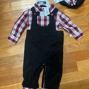 Tommy Bahama Red Plaid shirt and back overalls and matching hat Set